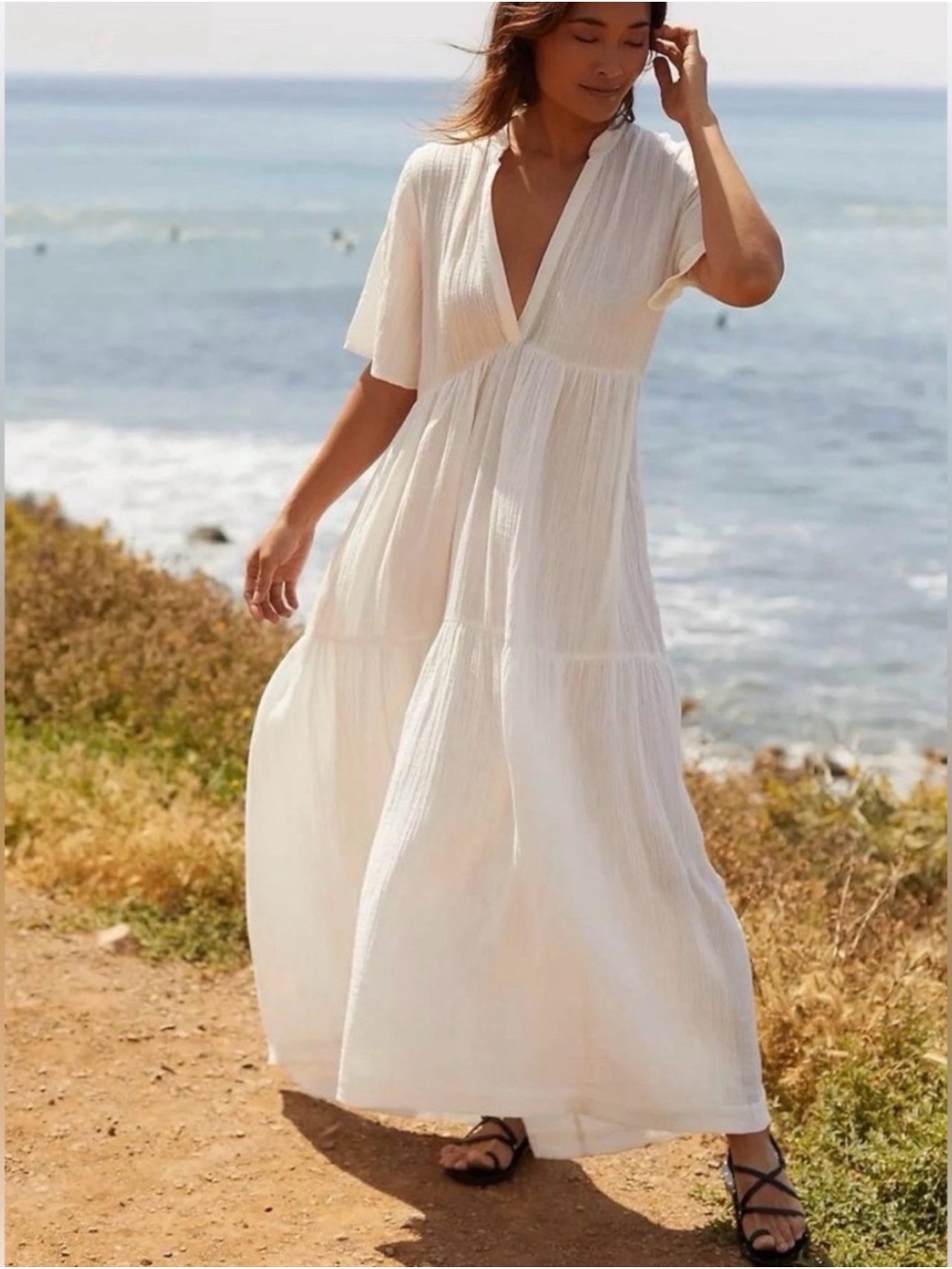 Anthropologie Women’s Large White Gauze Tiered Maxi Dress Boho Coastal